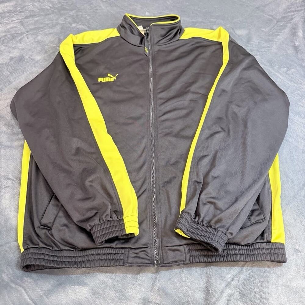 Puma T7 Track Jacket Mens Sz XL Black W/ Neon Yellow Stripe Y2K Retro